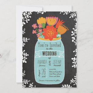 Hand Drawn Mason Jar with Flowers on Chalkboard Invitation