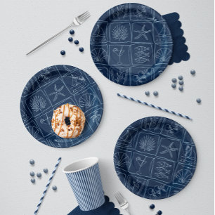 Hand-Drawn Mediterranean Coastal Tile Navy Paper Plate