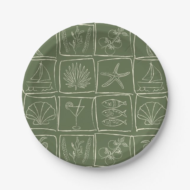 Hand-Drawn Mediterranean Coastal Tile Olive Grove Paper Plate (Front)