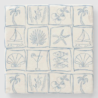 Hand-Drawn Mediterranean Faux Tile Linen Cobalt