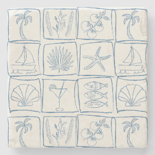 Hand-Drawn Mediterranean Faux Tile Linen Cobalt Stone Coaster