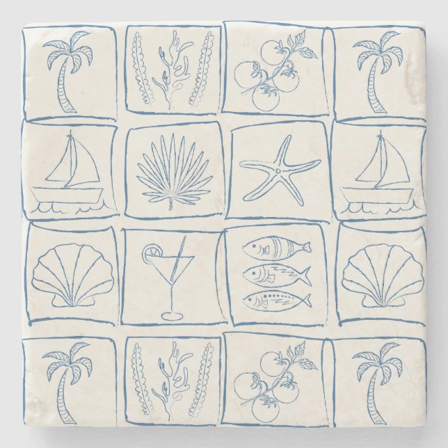 Hand-Drawn Mediterranean Faux Tile Linen Cobalt Stone Coaster (Front)