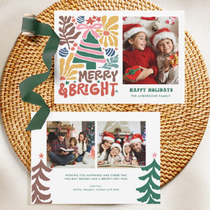 Hand Drawn Merry and Bright Retro Family  Holiday Card