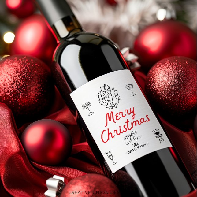 Hand Drawn Merry Christmas Personalised Gift Wine Label (Creator Uploaded)