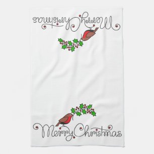 Hand-drawn Merry Christmas Robin with Holly Tea Towel