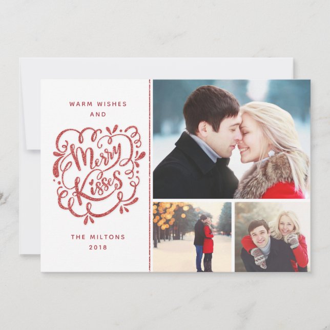 Hand Drawn Merry Kisses Red Glitter Holiday 3Photo Card (Front)