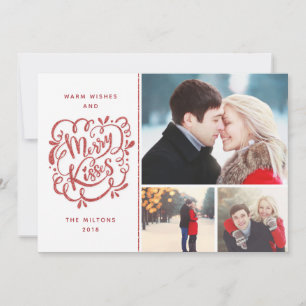 Hand Drawn Merry Kisses Red Glitter Holiday 3Photo Card