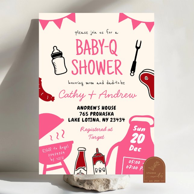 Hand Drawn Minimalist BaByQ Girl Baby Shower Invitation (Creator Uploaded)