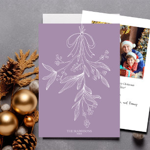 Hand Drawn Mistletoe & Bow Christmas Amethyst Holiday Card