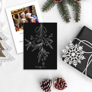 Hand Drawn Mistletoe & Bow Christmas Black Holiday Card
