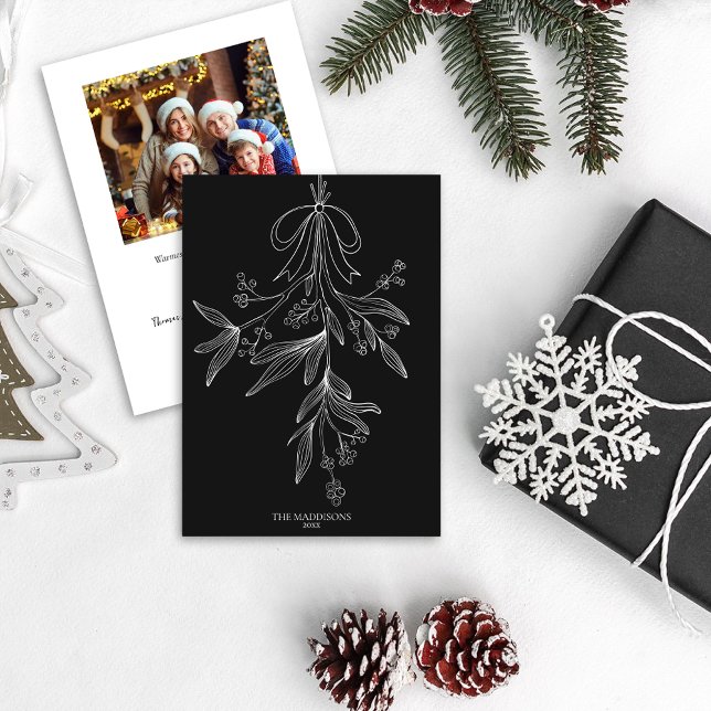 Hand Drawn Mistletoe & Bow Christmas Black Holiday Card (Creator Uploaded)