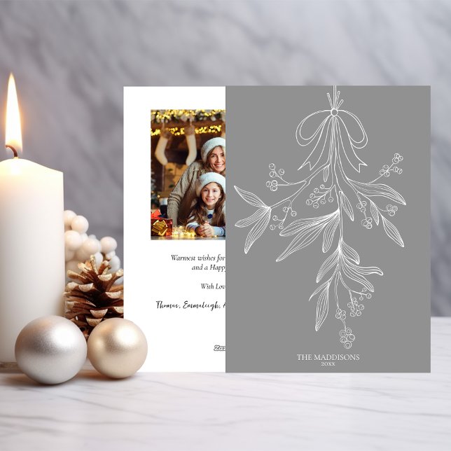 Hand Drawn Mistletoe & Bow Christmas Dusty Grey Holiday Card (Creator Uploaded)