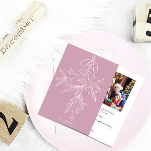 Hand Drawn Mistletoe & Bow Christmas Pink Holiday Card