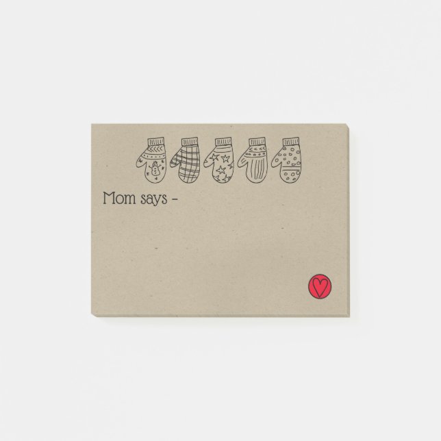 Hand Drawn Mittens and Heart for Mum Notes (Front)