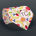 Hand Drawn Mixed Fruit Pattern Initials Novelty   Tie<br><div class="desc">This cute and colourful fruit pattern was created using my hand painted mixed media orange, apple, pear, lime, blueberries, strawberries, peaches, and banana illustrations and makes a quirky novelty design for those that don't take life, or their socks too seriously! The muted pink background gives it a slightly retro feel....</div>