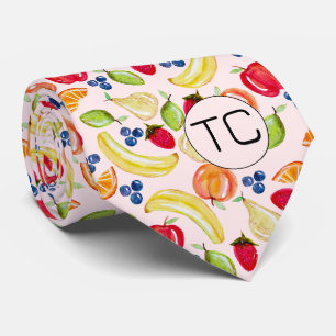 Hand Drawn Mixed Fruit Pattern Initials Novelty   Tie
