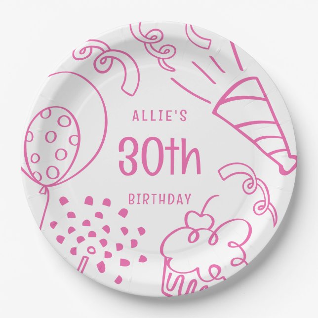 Hand Drawn Modern Birthday Any Age Cute Hot Pink Paper Plate (Front)