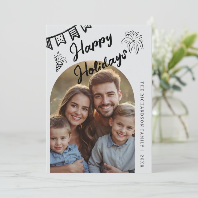 Hand Drawn Modern Happy Holidays Arch Photo Holiday Card (Standing Front)