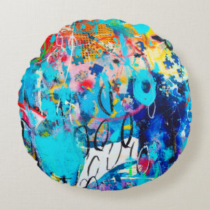 Hand drawn modern Multi Coloured mixed media art Round Cushion