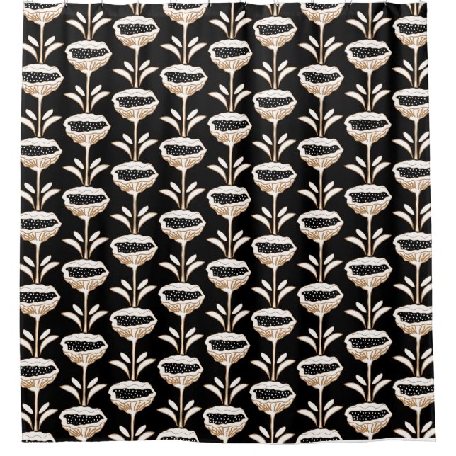 Hand Drawn Modern Poppy Design Black Gold Shower Curtain (Front)