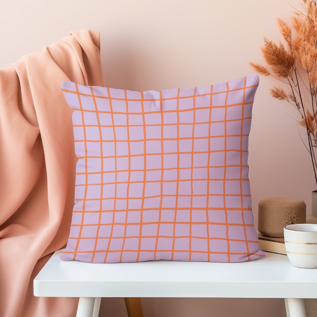 Hand Drawn Modern Purple and Vermilion Grid  Cushion (Creator Uploaded)