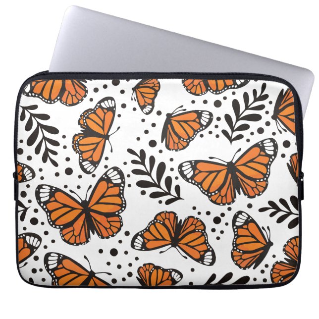 Hand-Drawn Monarch Butterfly Seamless Pattern Laptop Sleeve (Front)