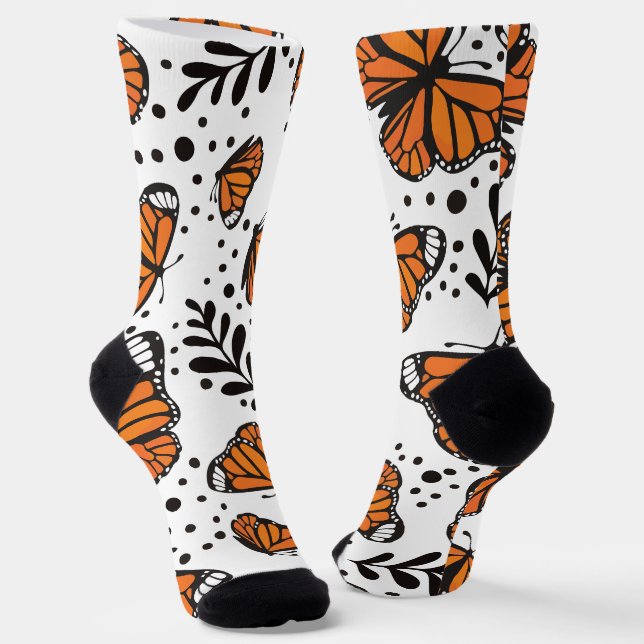 Hand-Drawn Monarch Butterfly Seamless Pattern Socks (Angled)