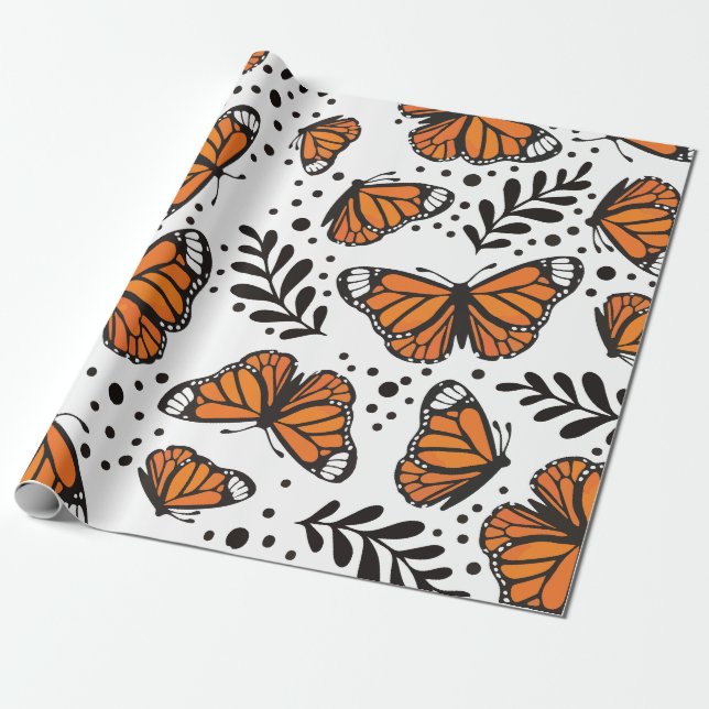 Hand-Drawn Monarch Butterfly Seamless Pattern Wrapping Paper (Unrolled)