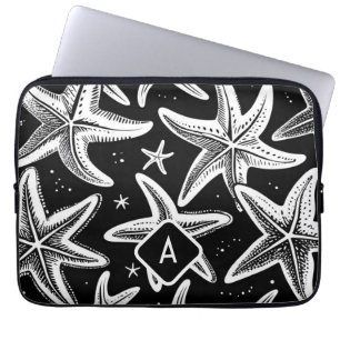 Hand-Drawn Monogramed Starfish on Black Background Laptop Sleeve