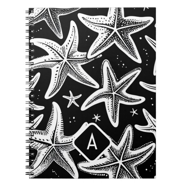 Hand-Drawn Monogramed Starfish on Black Background Notebook (Front)