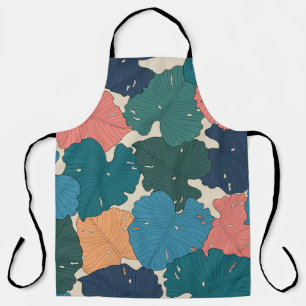 Hand drawn monstera leaves of orange, pink, blue apron