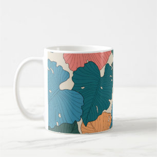 Hand drawn monstera leaves of orange,  pink,  blue coffee mug