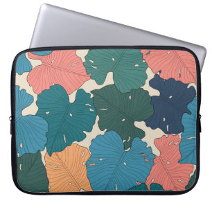 Hand drawn monstera leaves of orange, pink, blue laptop sleeve
