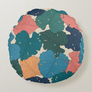 Hand drawn monstera leaves of orange, pink, blue round cushion