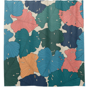 Hand drawn monstera leaves of orange, pink, blue shower curtain