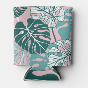 Hand-drawn monstera leaves, pink background. can cooler