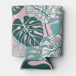 Hand-drawn monstera leaves, pink background. can cooler