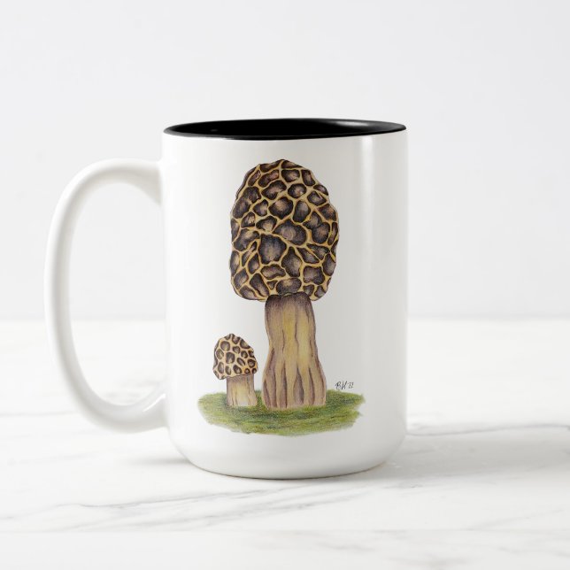 Hand Drawn Morel Mushroom Two-Tone Coffee Mug (Left)