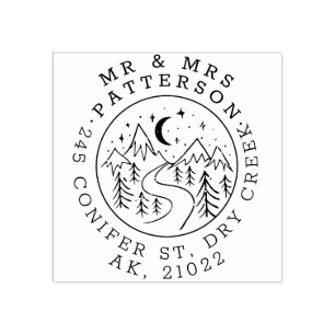 Hand Drawn Mountains By Night Mr & Mrs Address Rubber Stamp