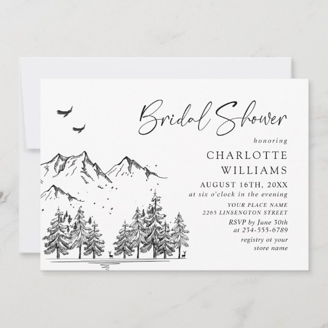 Hand Drawn Mountains Forest Bridal Shower Invitation (Front)