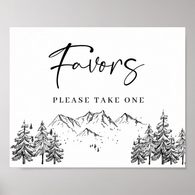 Hand Drawn Mountains Forest Favours Wedding Sign (Front)