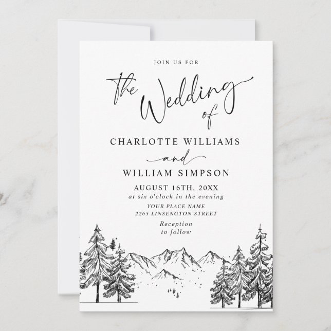 Hand Drawn Mountains Forest Wedding Invitation (Front)