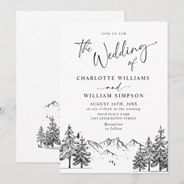 Hand Drawn Mountains Forest Wedding Invitation (Front/Back)