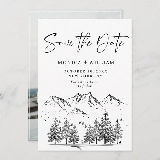 Hand Drawn Mountains Forest Wedding Save The Date (Front/Back)
