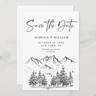 Hand Drawn Mountains Forest Wedding  Save The Date