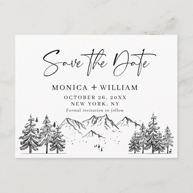 Hand Drawn Mountains Forest Wedding Save the Date Announcement Postcard (Front)