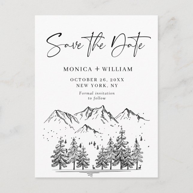 Hand Drawn Mountains Forest Wedding Save the Date Announcement Postcard (Front)