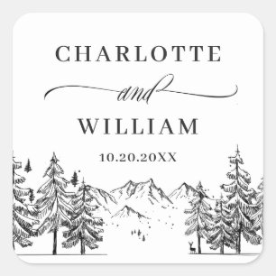 Hand Drawn Mountains Forest Wedding Square Sticker