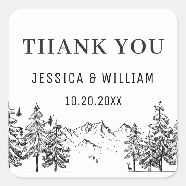 Hand Drawn Mountains Forest Wedding Square Sticker (Front)