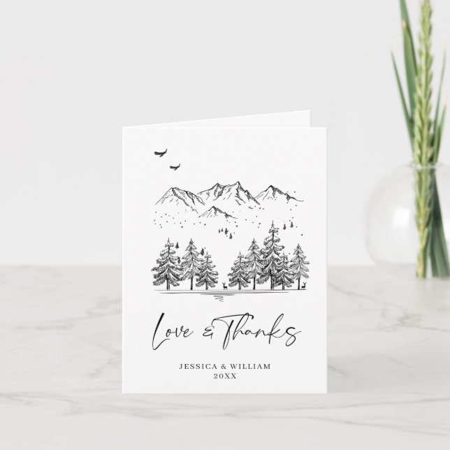 Hand Drawn Mountains Forest Wedding Thank You Card (Front)